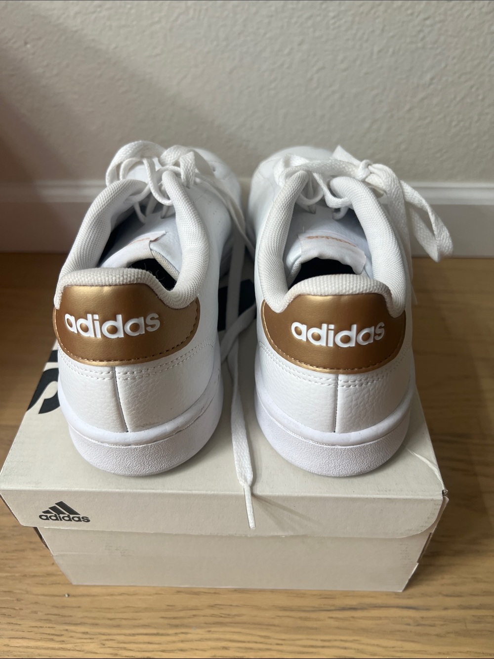 adidas Kids White Sneakers with Gold Heel Patch